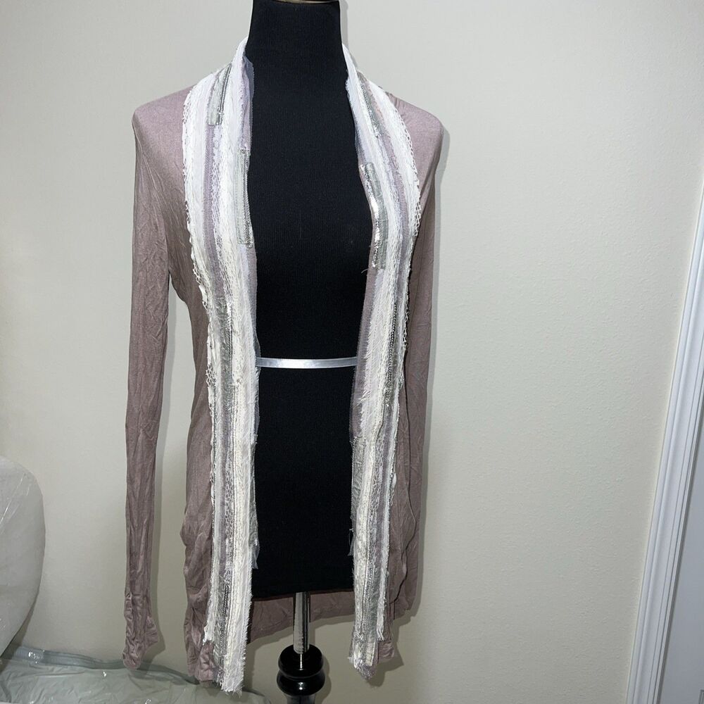 BKE Boutique Lace Long Duster Cardigan Boho Brown Open Front Embellished S